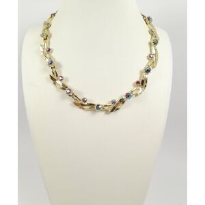17" Coro Style Vintage Gold Tone & Aurora Borealis Rhinestone Necklace